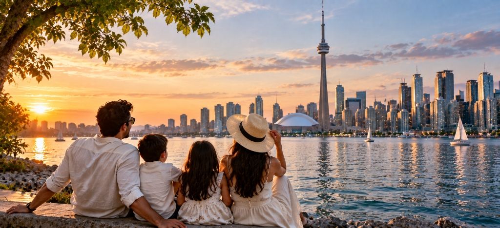 Family enjoying sunset view of Canadian city skyline